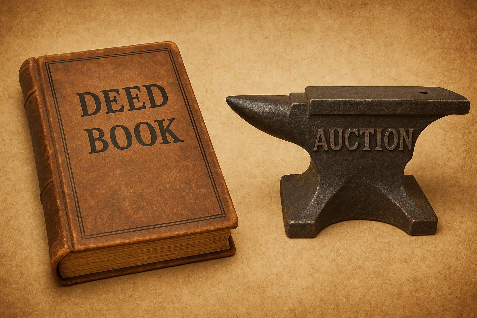 picture of a deed book and anvil with auction written on it. 